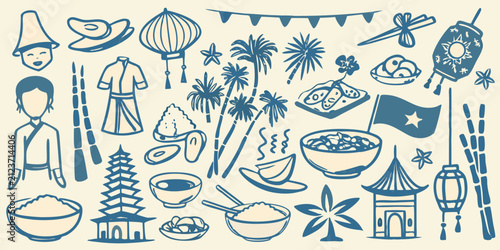 Canvastavla Vietnamese Cultural Icons And Landmarks Blue Vector Illustration