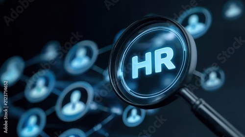 Human resources hr concept with magnifying glass and network of people icons