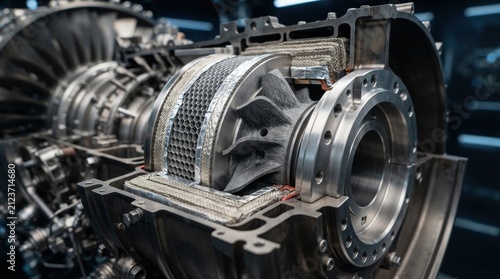 Ceramic matrix composite turbine vane with honeycomb insulation, metal mounting ring, and heat resistant layered materials in an aerospace engine cutaway.
