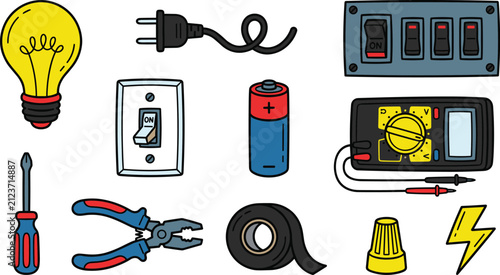 Obraz na płótnie Electrical tools and components vector elements set featuring lightbulb plug swi