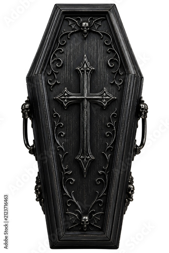 Gothic back coffin with cross ornament isolated on transparent background.