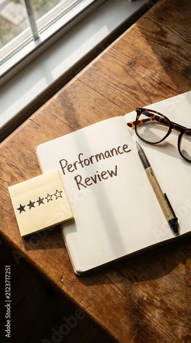 Performance review handwritten notebook with star rating sticky note, glasses and pen on sunlit wooden desk, hr concept