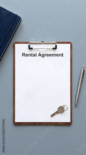 Rental agreement blank form on clipboard with house key and pen, real estate leasing document on grey desk