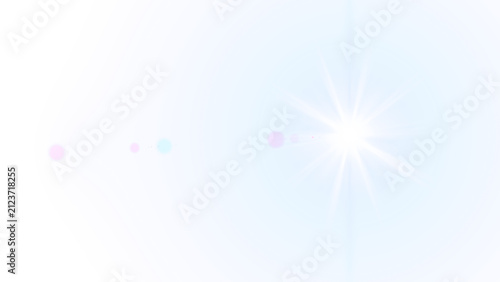 3D render of bright blue and white lens flare with starburst effect and colorful light reflections, transparent background overlay for motion graphics, alpha channel, design, advertising, video