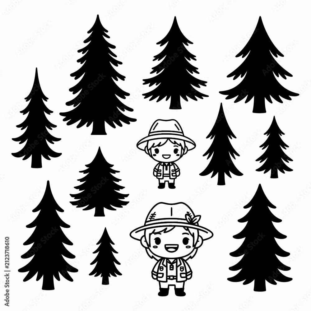 Obraz premium VectorGen_diverse-set-of-woodland-fir-an_25_v_uxokkmg3: Detailed woodland exploration scene featuring diverse fir trees and cartoon characters on transparent background