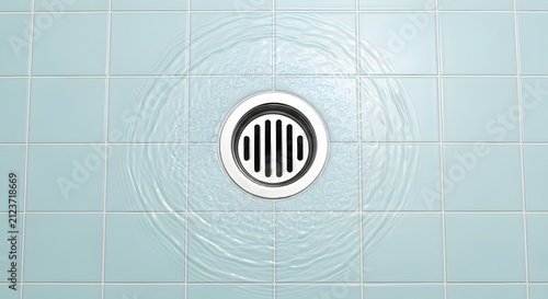 Water Swirling Down a Shower Drain on a Tiled Floor with Ripples