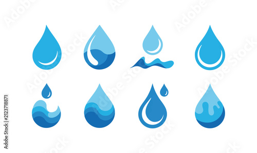 Set of blue water drop icons with wave patterns isolated on white transparent backgrounds.