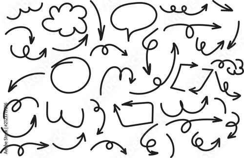 Collection of hand drawn doodle arrows and speech bubbles isolated on a white background
