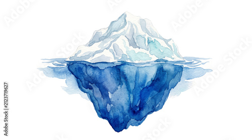 Watercolor iceberg illustration showing tip and underwater base, blue arctic glacier painting, frozen ice mountain concept for climate change isolated PNG with Transparent Background