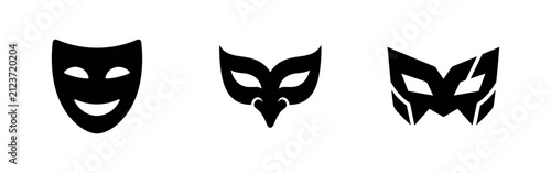 Different mask styles including theater comedy masquerade and superhero icons