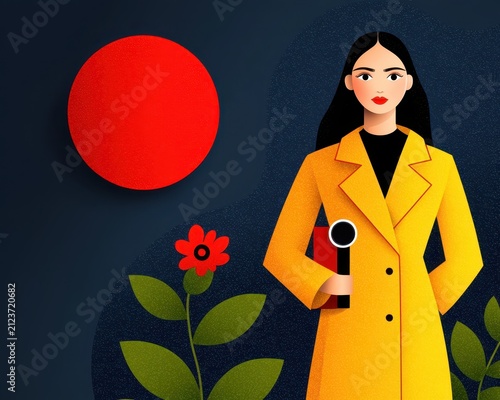Elegant Woman in Yellow Coat Against Dark Night Sky with Red Circle and Flowers