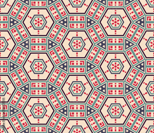 Abstract geometric seamless pattern with ethnic hexagonal mosaic ornament.