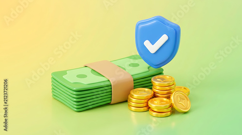 Secure Financial Growth Concept Featuring a Stack of Cash and Gold Coins with Shield Icon