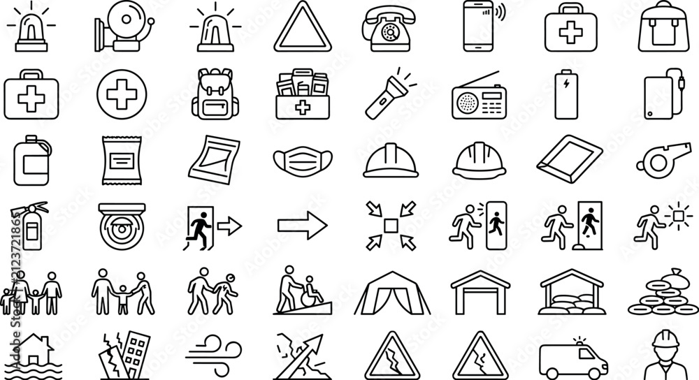 Fototapeta premium Emergency evacuation disaster preparedness and survival kit line icon set.