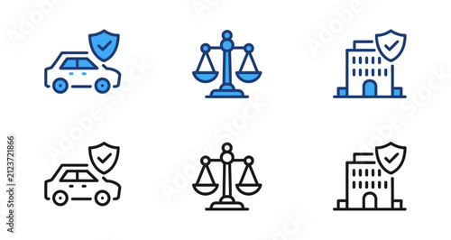 Set of insurance and legal icons featuring car protection scales of justice and building security symbols in blue and black line art styles