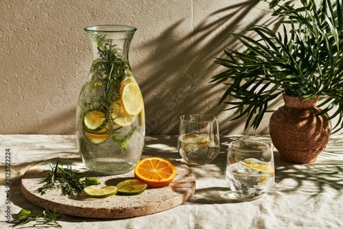 Carafe of Sparkling Water with Citrus and Herbs on Rustic Table