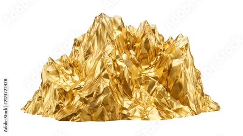 Golden mountain peak made of crumpled foil, shiny metallic rock formation, luxury gold mineral sculpture for financial success and wealth concepts isolated PNG with Transparent Background
