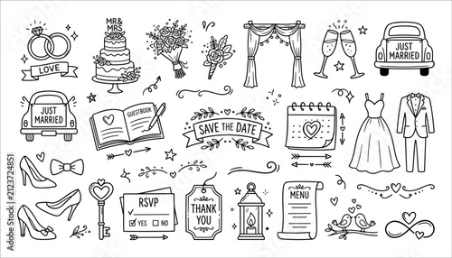 Hand-Drawn Wedding Elements and Decorative Wedding Icons Set