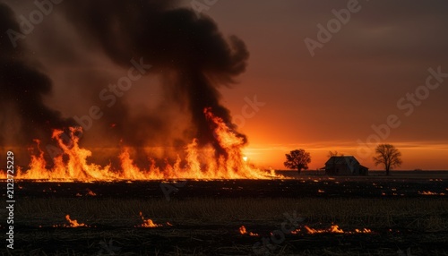 Large wildfire burning field near rural house at sunset representing climate change crisis environmental disaster and natural hazard impact