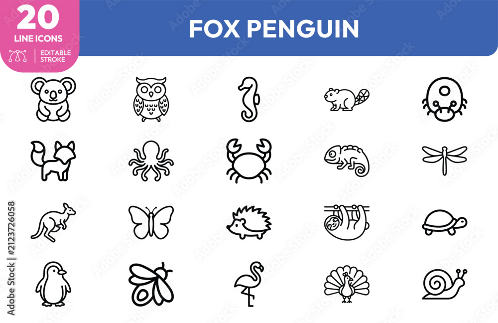 Fototapeta premium Wildlife creature set. Koala, owl, seahorse, hedgehog, penguin, and more. Editable stroke. Vector illustration.