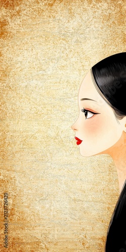 Elegant Woman Profile Illustration with Red Lips Against Beige Texture