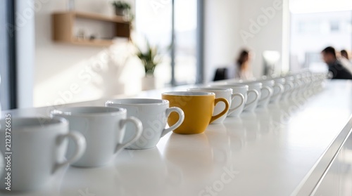 Row of white coffee cups with single yellow cup on glossy countertop in bright office