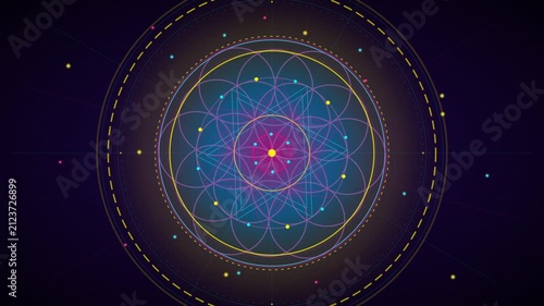Glowing sacred geometry flower of life mandala rotating on dark cosmic background