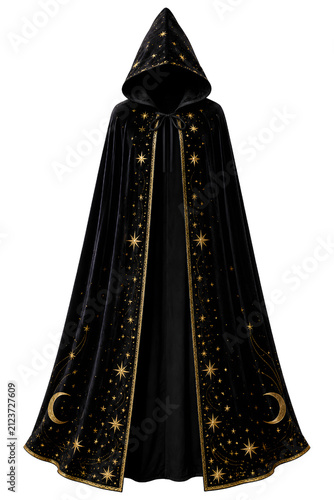 Black wizard cloak with hood isolated on transparent background.