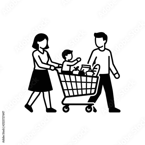 Family pushing a shopping cart filled with groceries, with a child seated inside, representing a typical shopping trip.