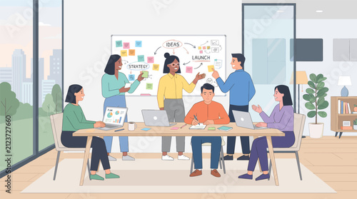 Diverse business team collaborating at office meeting with sticky notes on wall