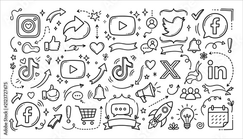Doodle Style Social Media Icons and Marketing Symbols Set on White Background