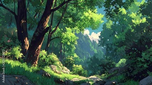 Lush green forest with rocks and trees bathed in sunlight creating a scenic natural view
