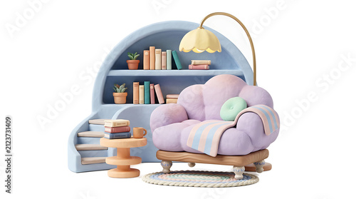 Cozy Reading Nook: Armchair, Bookshelf, Lamp, and Side Table on White Background