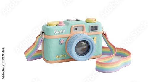 Cute Pastel Toy Camera with Rainbow Strap - Isolated on White
