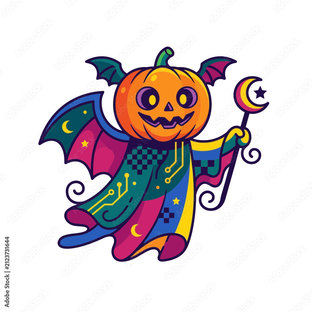 Fototapeta premium Colorful Pumpkin Wizard Character with Bat Wings and Magic Staff