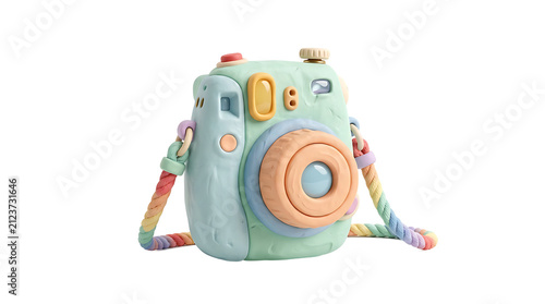 Cute Pastel Toy Camera with Rainbow Strap, Isolated on White Background