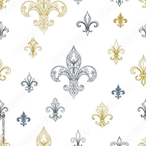 Fashion floral vector fabric pattern with fleur de lis, toile de jouy vintage design