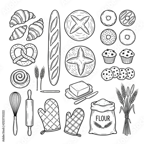 Set of hand drawn bakery items including bread flour wheat croissants muffins donuts and baking tools