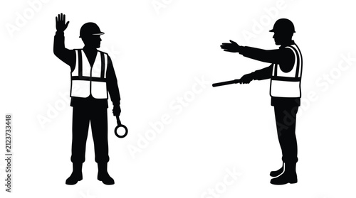 Foto Construction worker silhouettes with hand signals on a white background