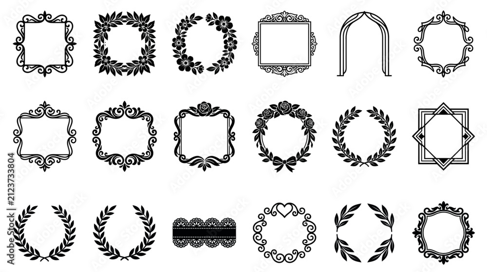 Fototapeta premium Collection of black silhouette wedding frames and circular wreaths, including floral designs and elegant borders for luxury event invitations, greeting cards, and sophisticated paper craft projects.