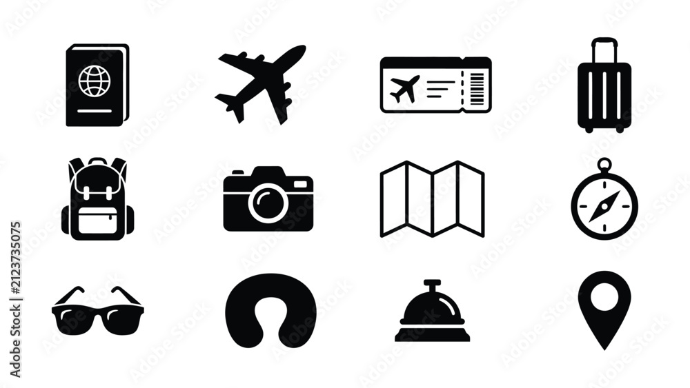 Fototapeta premium Black and white travel icons set