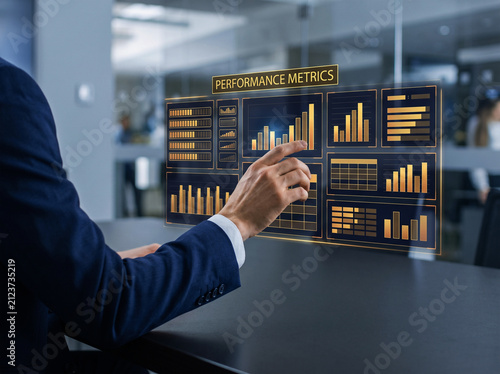 Business executive using futuristic virtual performance metrics interface for data analysis and financial tracking during office meeting project management.