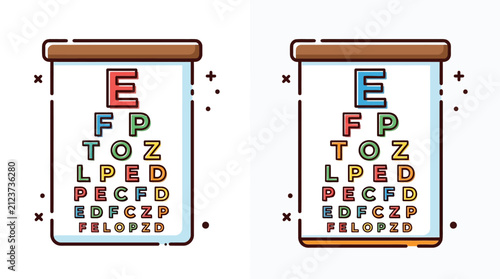 Pair of cartoon eye charts, featuring letters of decreasing size for visual acuity testing, commonly used in eye care clinics for examinations and vision assessments