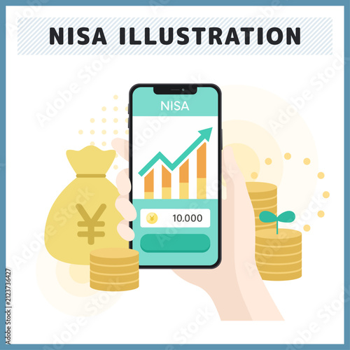 NISAや資産運用をスマートフォンアプリで手軽に行う様子を描いたイラスト スマホの画面に右肩上がりのグラフとNISAの文字が表示され周りに日本円の硬貨や金の袋、双葉が生えたコインが描かれたファイナンスや投資のパンフレットに使えるベクター素材