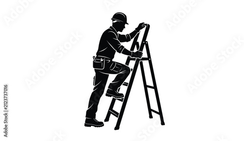 Canvastavla Construction worker climbing ladder with tool belt during daylight against white