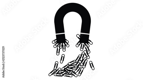 Horseshoe magnet attracting paperclips black silhouette on white background