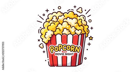 Cartoon popcorn bucket with movie night text and yellow kernels in a red striped container illustration