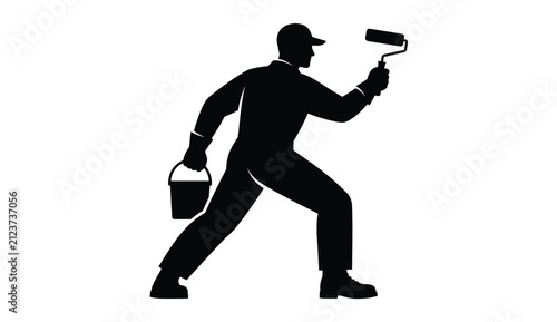Painter silhouette with roller and bucket in action during home renovation against white background vector style