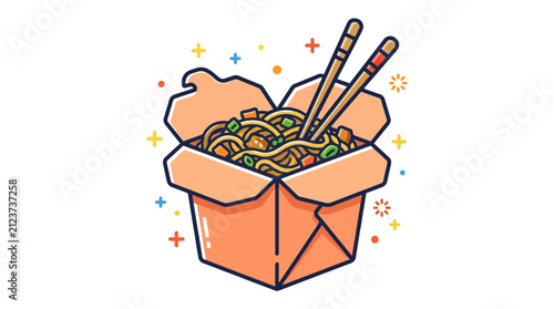 Colorful Flat Vector Illustration of Tasty Takeout Noodles in a Paper Box with Chopsticks for Asian Fast Food Concept