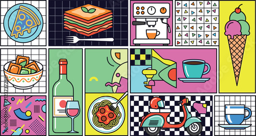 Pop Art Memphis Style Italian Cuisine Interface Grid Set with Pizza Lasagna Espresso Machine Gelato Ravioli Wine Scooter and Retro Graphic Elements Vector Illustration